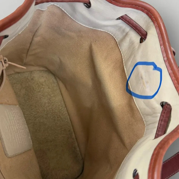 Brighton Vintage Leather Cross Body Shoulder Bucket Bag Cream Brown Drawstring - Picture 11 of 16